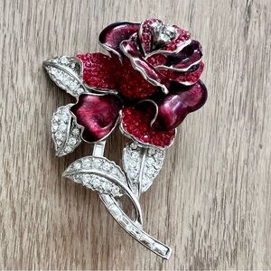 Vtg NOLAN MILLER FIRST LADY Nancy Reagan‎ Red Rhinestone Enamel ROSE Brooch Pin